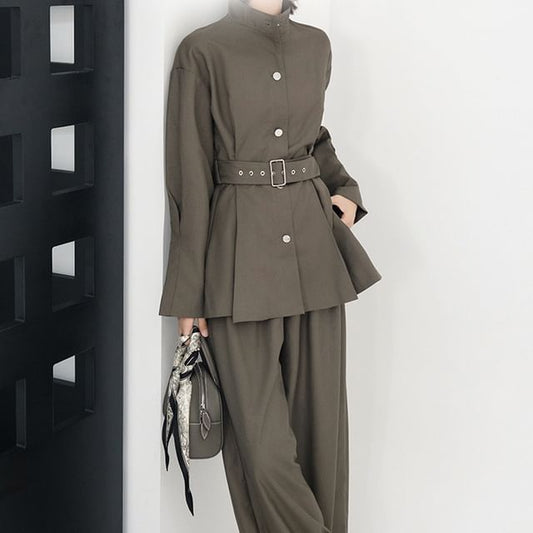 Stand Collar Plain Button Trench Jacket / High Rise Wide Leg Pants