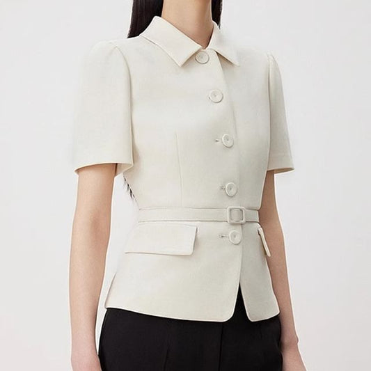 Short-Sleeve Plain Belted Button Jacket