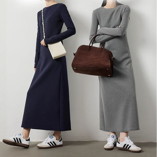Long-Sleeve Round Neck Plain Midi A-Line Dress