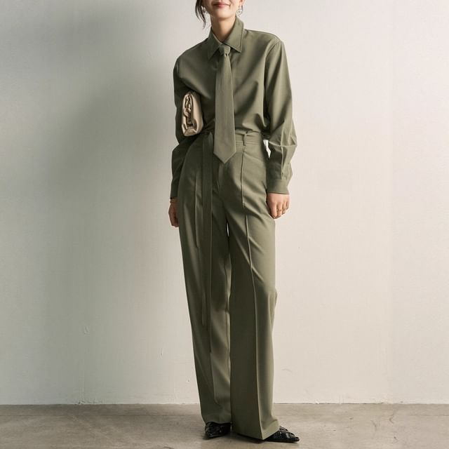 Long-Sleeve Plain Shirt / High Rise Loose Fit Suit Pants
