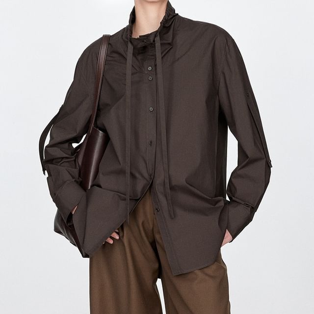Long-Sleeve Band Collar Plain Drawstring Shirt
