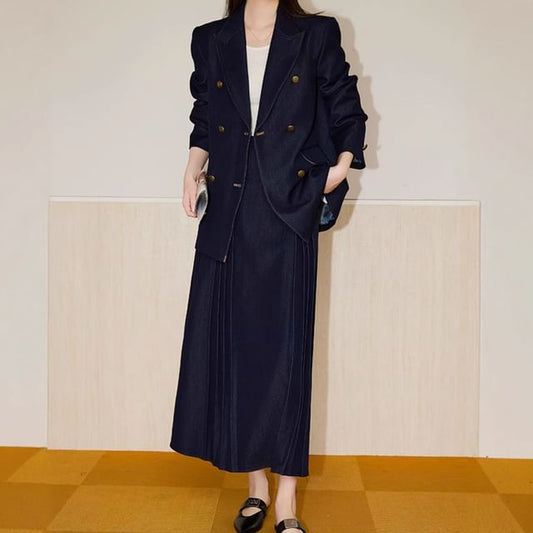 Peak Lapel Denim Double-Breasted Blazer / High Waist Pleated Midi A-Line Skirt