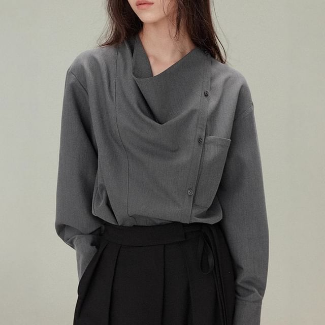Long-Sleeve Cowl Neck Plain Asymmetrical Button Blouse