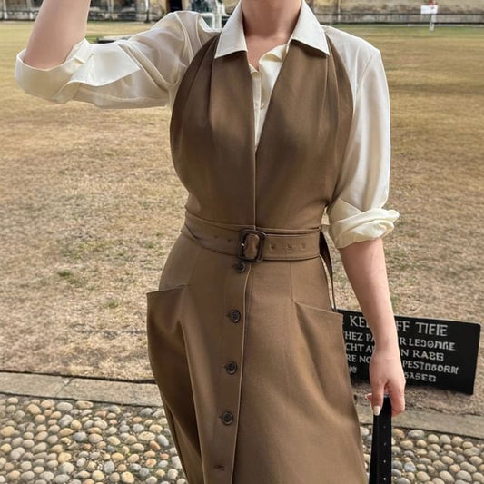 Long-Sleeve Plain Shirt / Halter Belted Button Front Midi A-Line Jumper Dress