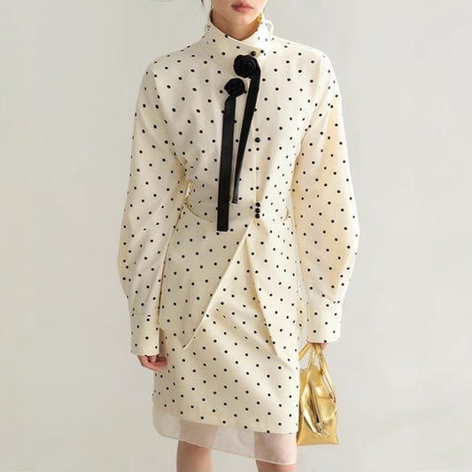 Long-Sleeve Band Collar Dotted Flower Accent Blouse / High Rise Pencil Skirt