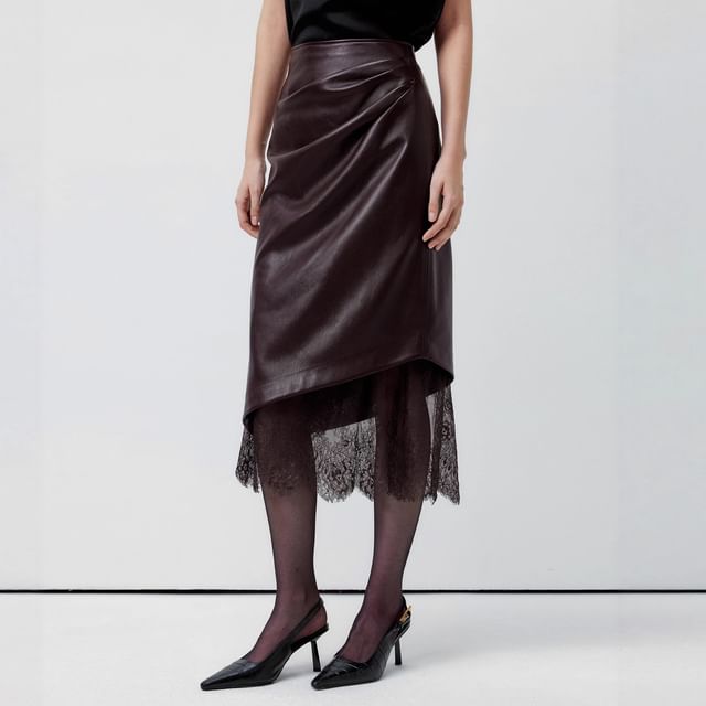 High Waist Plain Lace Panel Faux Leather Midi Pencil Skirt