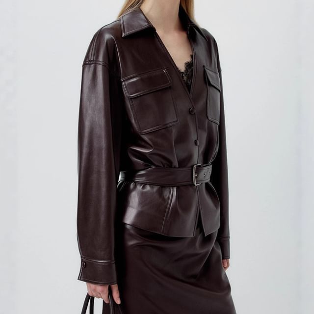 Collar Plain Belted Faux Leather Button Jacket / High Rise Lace Panel Faux Leather Midi Pencil Skirt