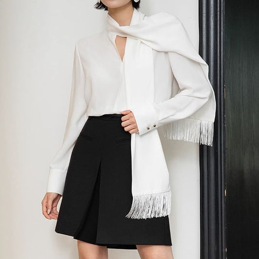 Long-Sleeve Tie-Neck Plain Blouse