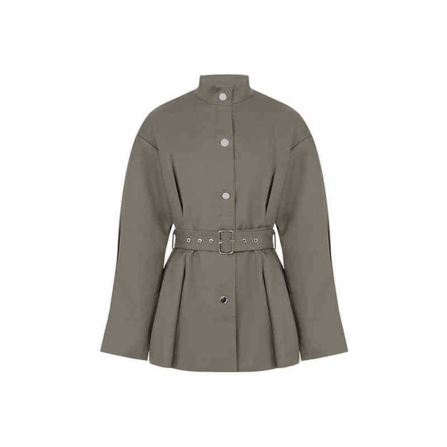 Stand Collar Plain Button Trench Jacket / High Rise Wide Leg Pants