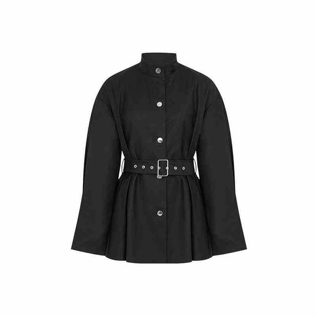 Stand Collar Plain Button Trench Jacket / High Rise Wide Leg Pants