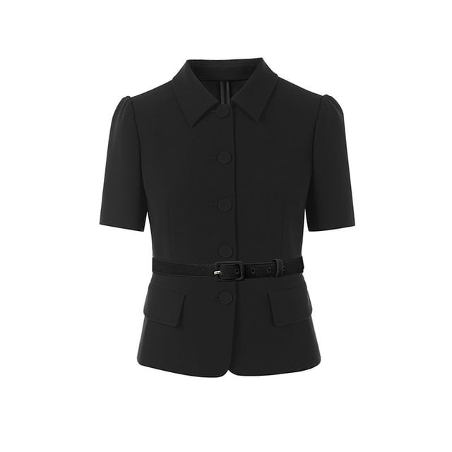 Short-Sleeve Plain Belted Button Jacket