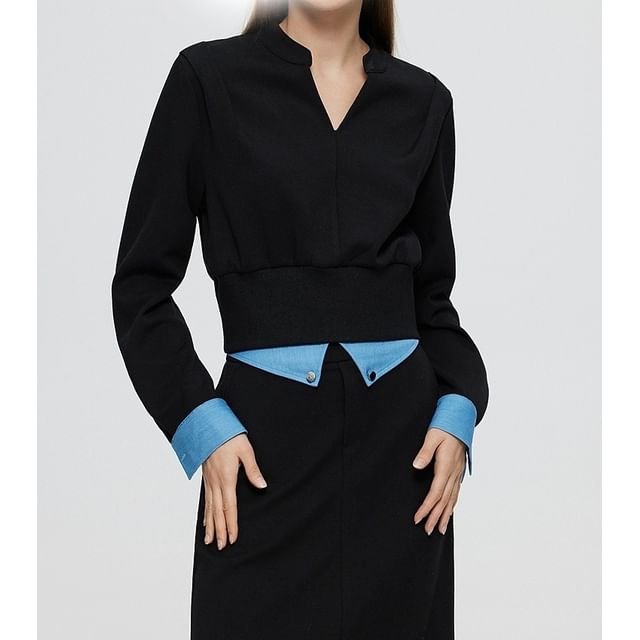 Mock Two-Piece Long-Sleeve V-Neck Two Tone T-Shirt / High Rise Midi Pencil Skirt