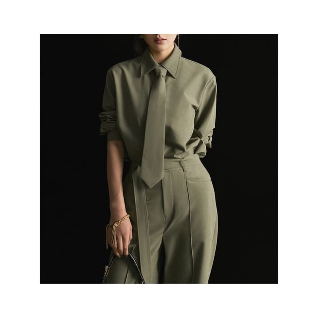 Long-Sleeve Plain Shirt / High Rise Loose Fit Suit Pants