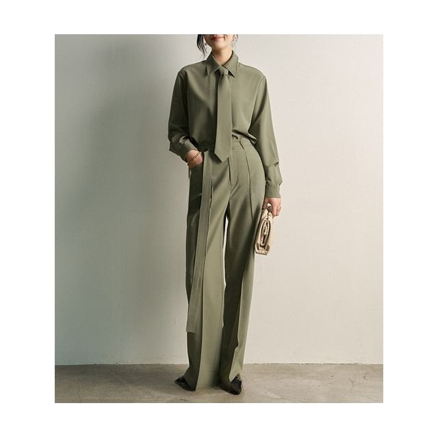 Long-Sleeve Plain Shirt / High Rise Loose Fit Suit Pants