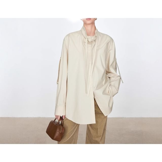 Long-Sleeve Band Collar Plain Drawstring Shirt
