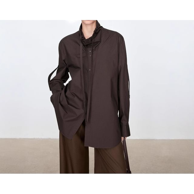 Long-Sleeve Band Collar Plain Drawstring Shirt