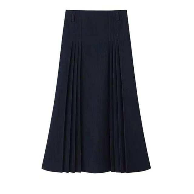 Peak Lapel Denim Double-Breasted Blazer / High Waist Pleated Midi A-Line Skirt