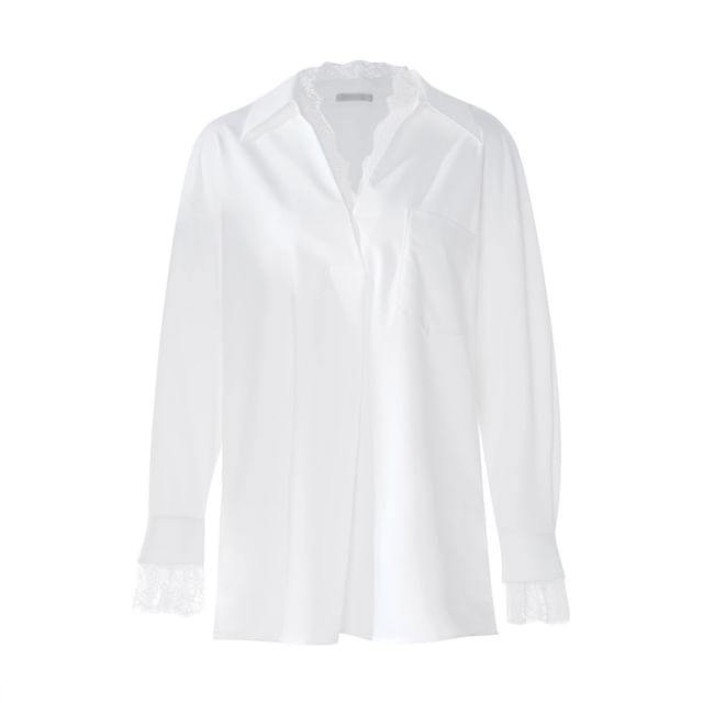 Long-Sleeve V-Neck Plain Lace Trim Shirt
