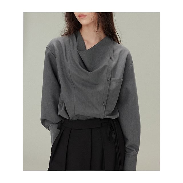 Long-Sleeve Cowl Neck Plain Asymmetrical Button Blouse