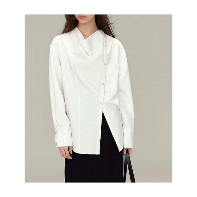 Long-Sleeve Cowl Neck Plain Asymmetrical Button Blouse