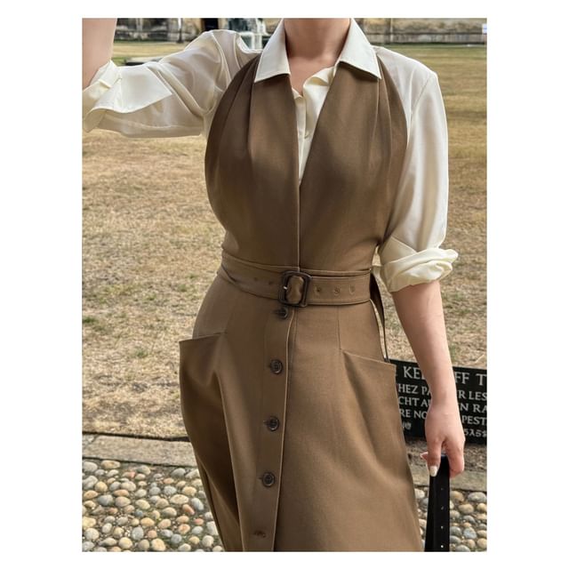 Long-Sleeve Plain Shirt / Halter Belted Button Front Midi A-Line Jumper Dress