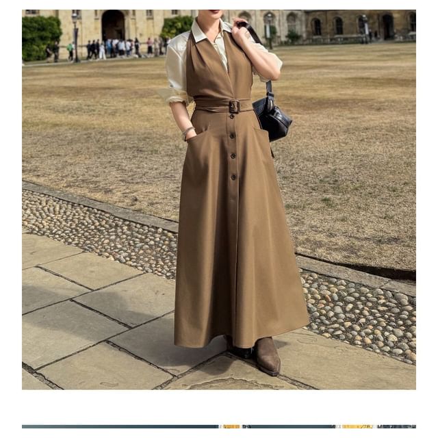 Long-Sleeve Plain Shirt / Halter Belted Button Front Midi A-Line Jumper Dress