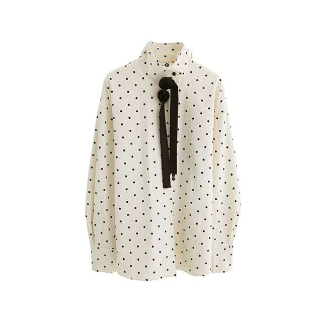 Long-Sleeve Band Collar Dotted Flower Accent Blouse / High Rise Pencil Skirt