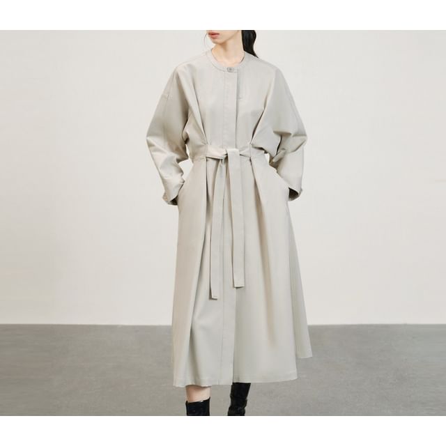 Collarless Plain Midi Sashed Coat