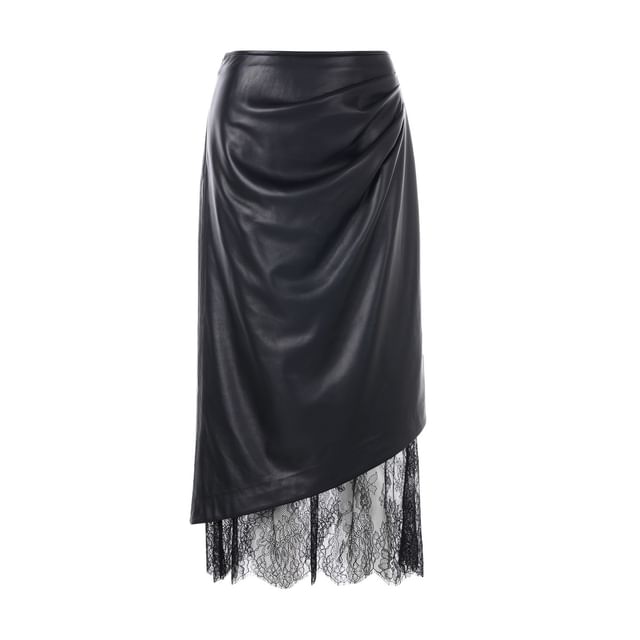 High Waist Plain Lace Panel Faux Leather Midi Pencil Skirt