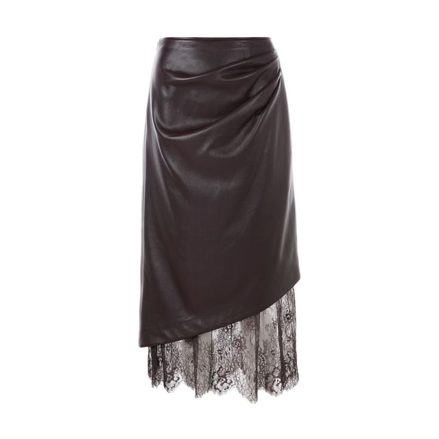 Collar Plain Belted Faux Leather Button Jacket / High Rise Lace Panel Faux Leather Midi Pencil Skirt