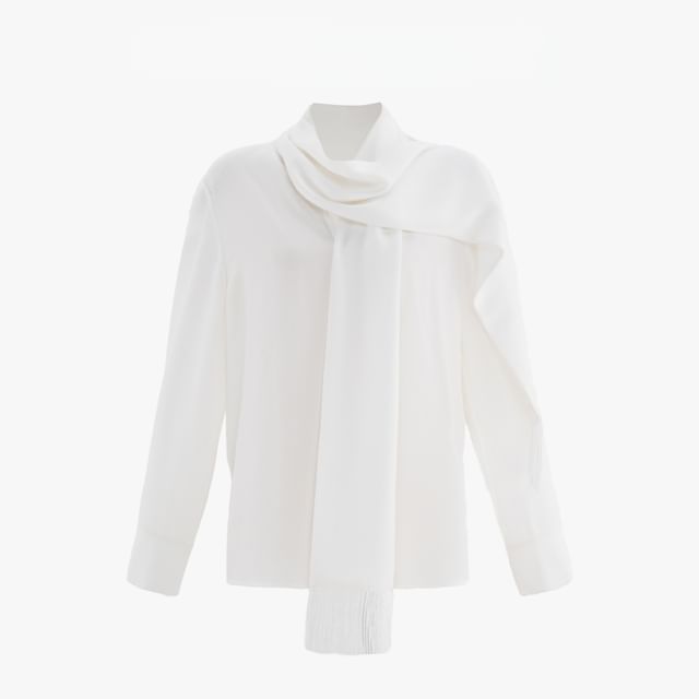 Long-Sleeve Tie-Neck Plain Blouse