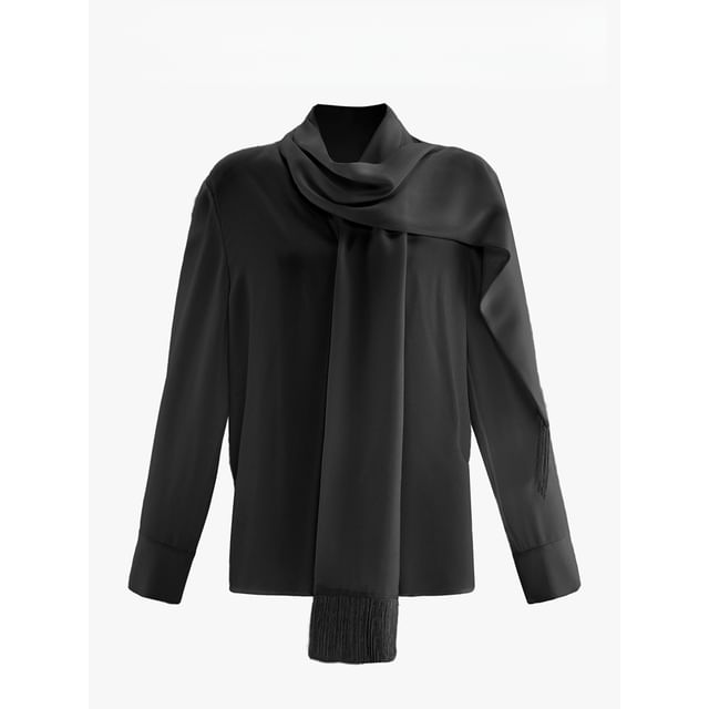 Long-Sleeve Tie-Neck Plain Blouse