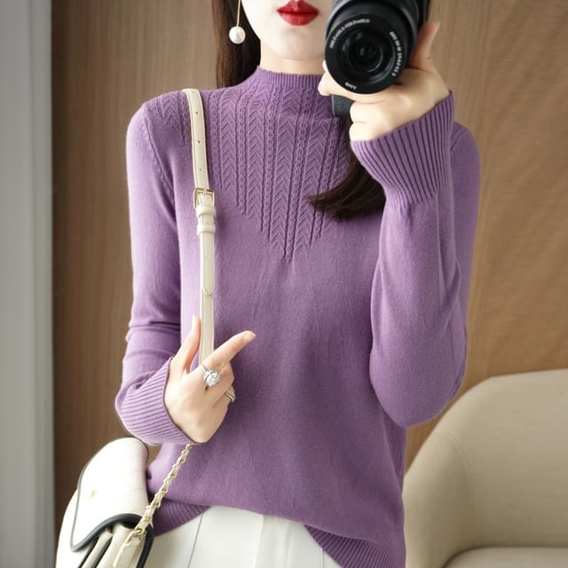 Long-Sleeve Mock Neck Plain Jacquard Knit Top