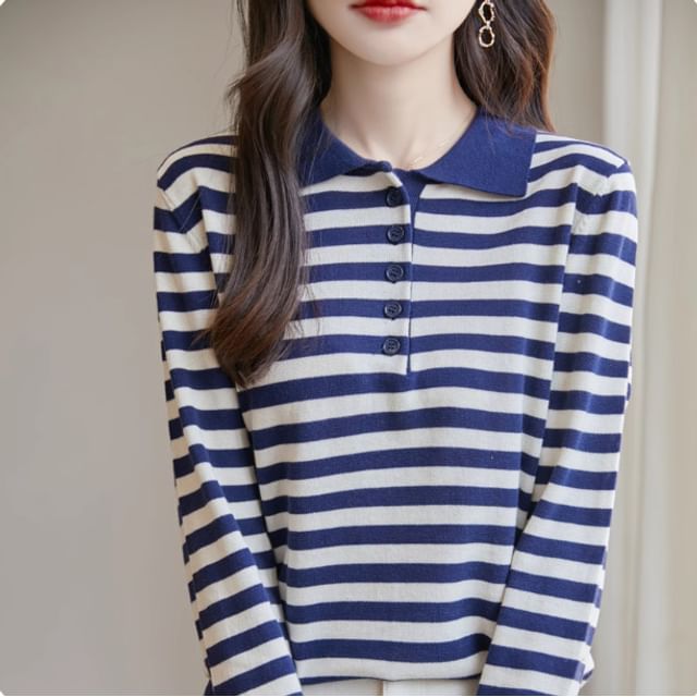 Long-Sleeve Striped Knit Polo Shirt