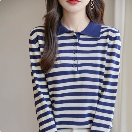 Long-Sleeve Striped Knit Polo Shirt