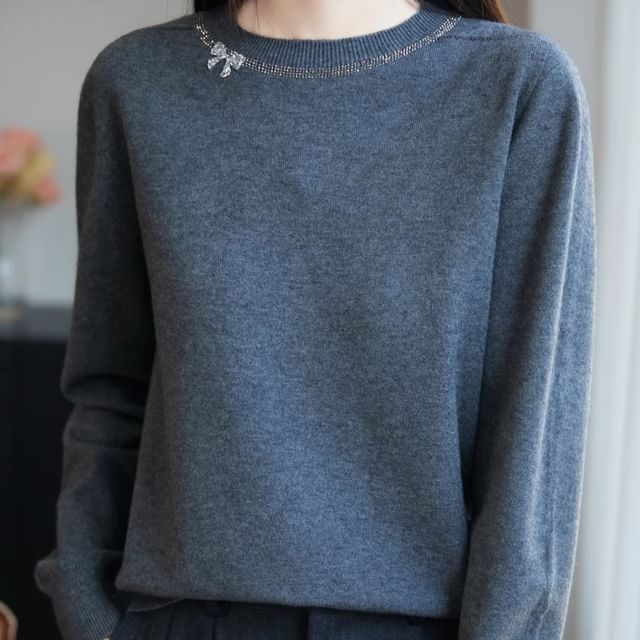 Long-Sleeve Crew Neck Rhinestone Accent Knit Top