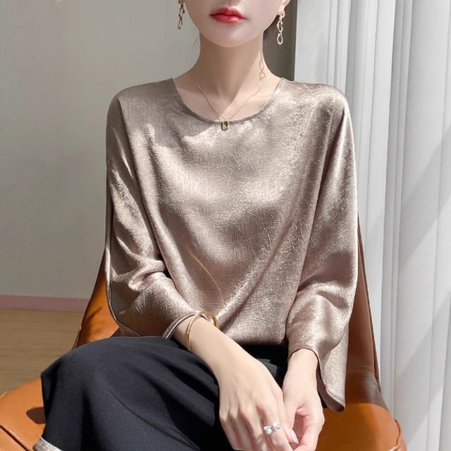 3/4-Sleeve Round Neck Plain Satin Blouse