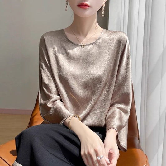 3/4-Sleeve Round Neck Plain Satin Blouse