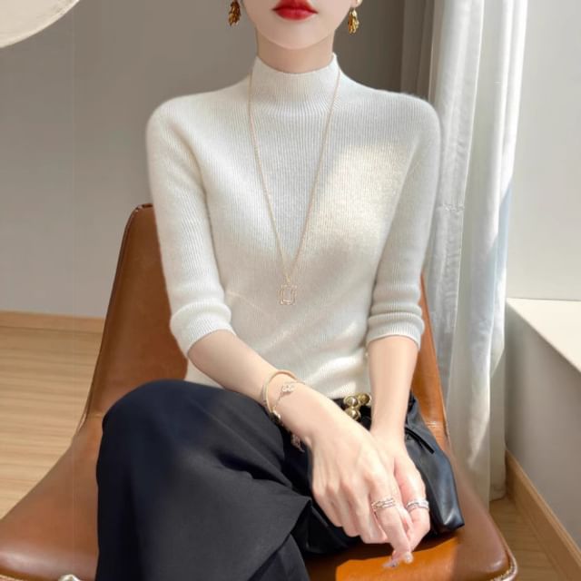 3/4-Sleeve Mock Neck Plain Ribbed Knit Top