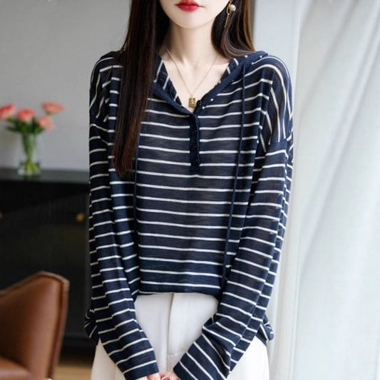 Striped Drawstring Knit Hoodie