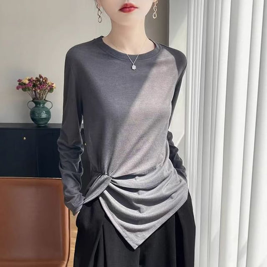 Long-Sleeve Crew Neck Plain Asymmetrical Ruched T-Shirt