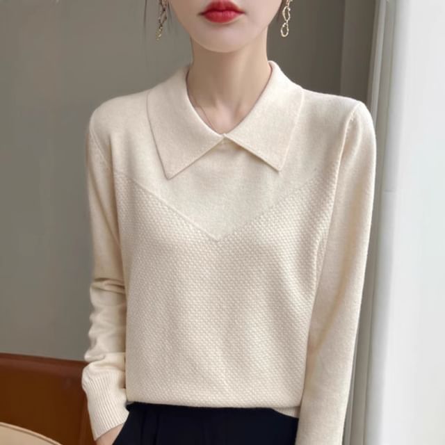 Long-Sleeve Collared Plain Knit Top