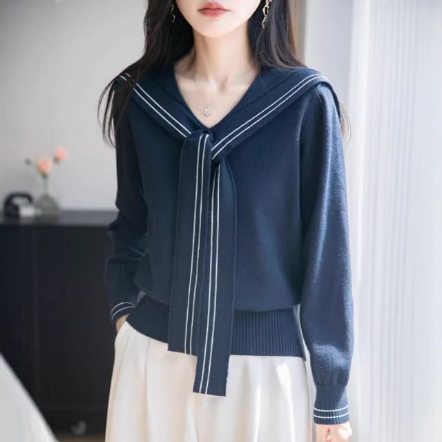 Sailor Collar Striped Trim Sweater