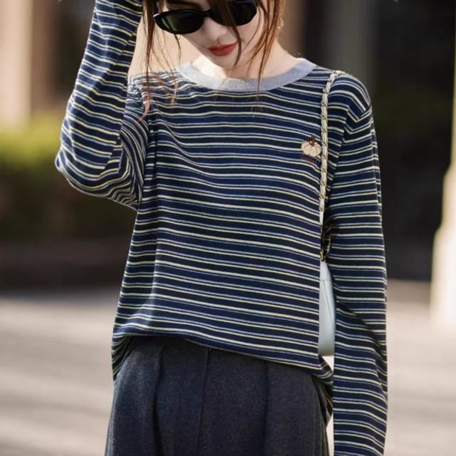 Long-Sleeve Round Neck Striped Embroidered Contrast Trim Knit Top