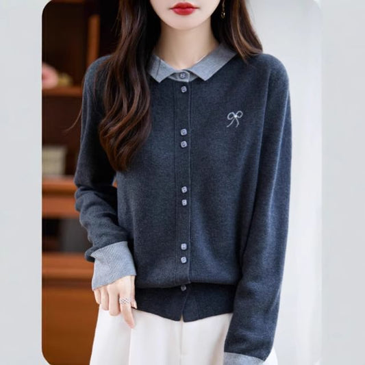 Contrast Collar Bow Print Button-Up Cardigan