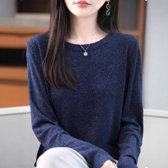 Long-Sleeve Round Neck Glitter Knit Top