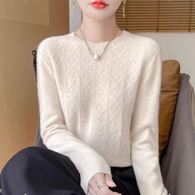 Long-Sleeve Crew Neck Plain Jacquard Knit Top
