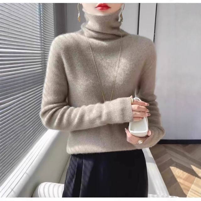 Long-Sleeve Turtleneck Plain Knit Top
