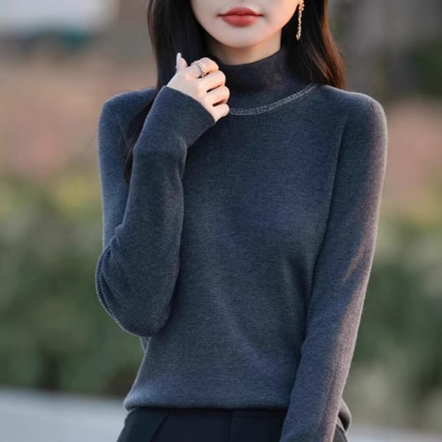 Long-Sleeve Mock Neck Rhinestone Accent Knit Top
