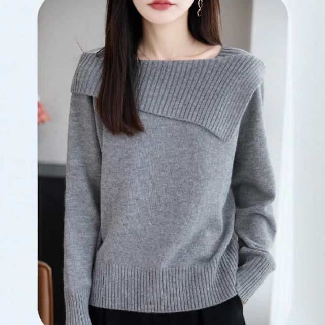 Boat Neck Plain Asymmetrical Sweater